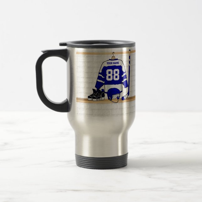 Mug De Voyage Hockey sur glace bleu et blanc personnalisé Jersey (Gauche)
