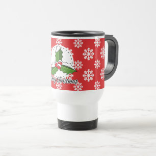 Mug De Voyage Holly on Red White Snowflakes
