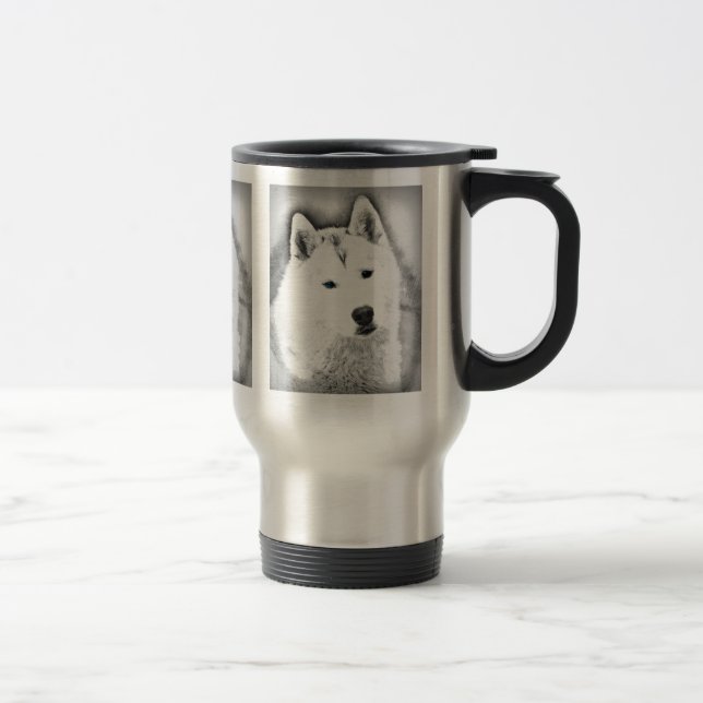 Mug De Voyage Husky Sibérien Blanc avec Dessin d'Art Blue Eyes (Droit)