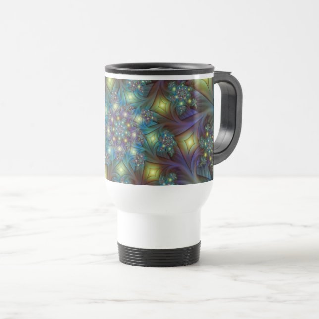 Mug De Voyage Illuminé Abstrait brillant Turquoise violet Fracta (Devant droit)