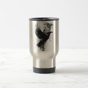 Mug De Voyage Illustration de corbeau gothique : fumée et plumes
