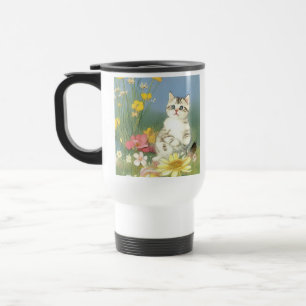 Mug De Voyage Illustration de Kitten vintage avec Fleurs Jaunes
