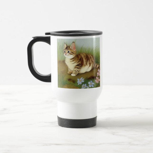 Mug De Voyage Illustration vintage Kitten avec fleurs (Gauche)