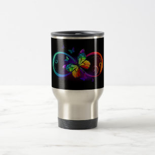 Mug De Voyage Infini vibrant avec papillon arc-en-ciel sur fond