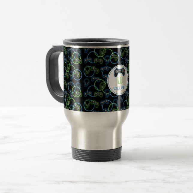 Mug De Voyage Jeu vidéo Neon Blue & Green Motif Monogramme (Devant gauche)
