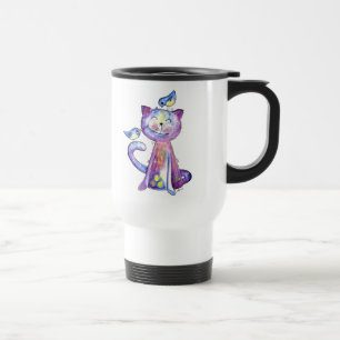 Mug De Voyage Joli Chat Mauve Fantaisiste avec Oiseaux