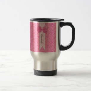 Mug De Voyage Joli Médaillon rose Damask Mignonne Bow avec nom