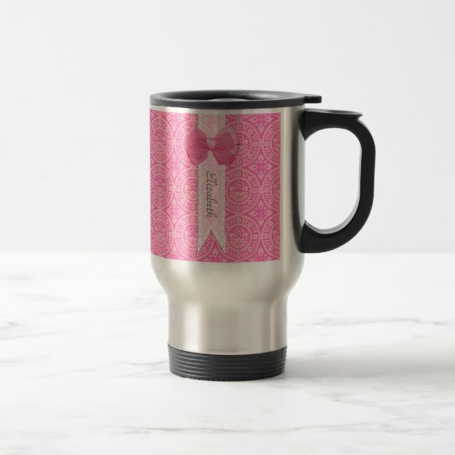 Mug De Voyage Joli Médaillon rose Damask Mignonne Bow avec nom (Droit)