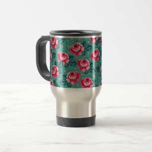 Mug De Voyage Jolies roses roses et motif à pois sur sarcelle