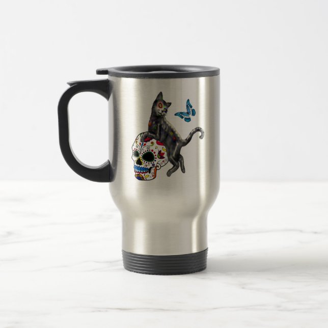 Mug De Voyage Jour De La Morte Chat Crâne Sucre Et Papillon (Gauche)