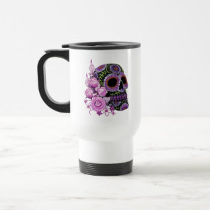Mug De Voyage Jour noir floral rose de crâne de sucre des morts