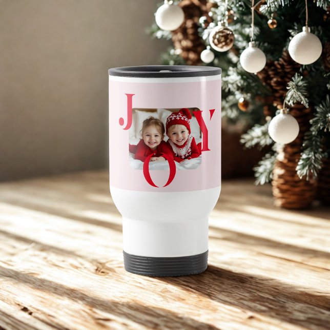 Mug De Voyage JOY | Modern Red & Pink Christmas Photo Gift (Créateur téléchargé)