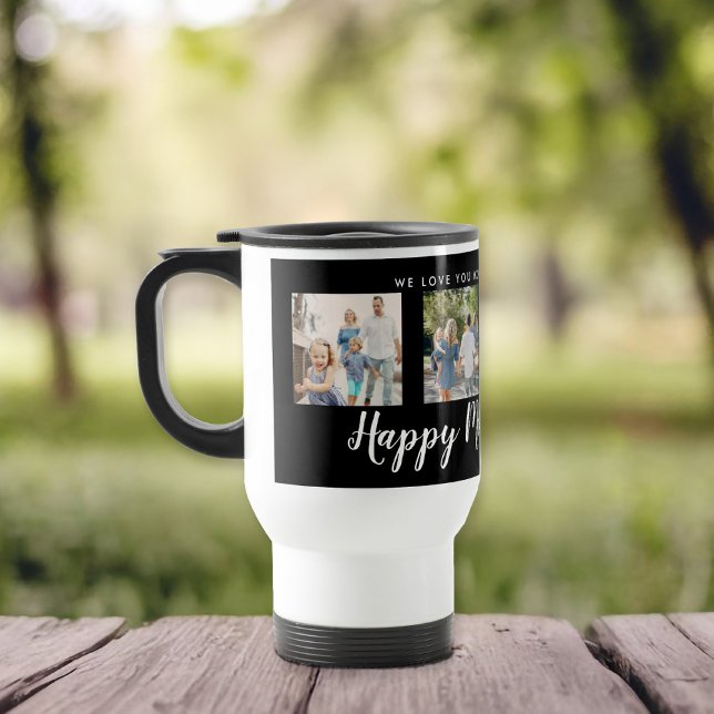 Mug De Voyage Joyeuse Fête des Mères 4 Photo Custom Black (Happy Mother's Day script font with 4 family photo slots along with a custom message)