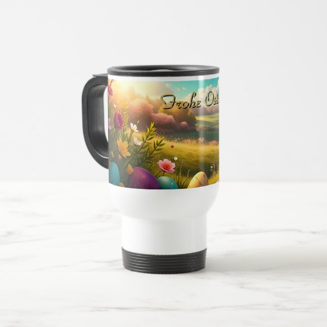 Mug De Voyage Joyeuses Pâques dans un paysage printanier (Devant gauche)