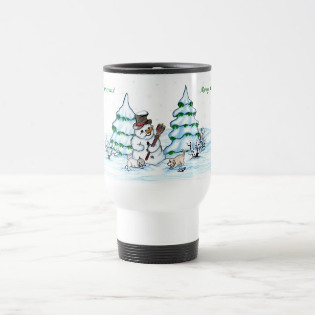 Mug De Voyage Joyeux Noël ! Snowman avec chat et chiot (Centre)