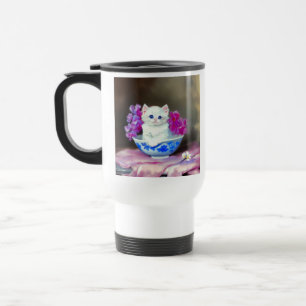 Mug De Voyage Kitten blanc vintage aux fleurs roses