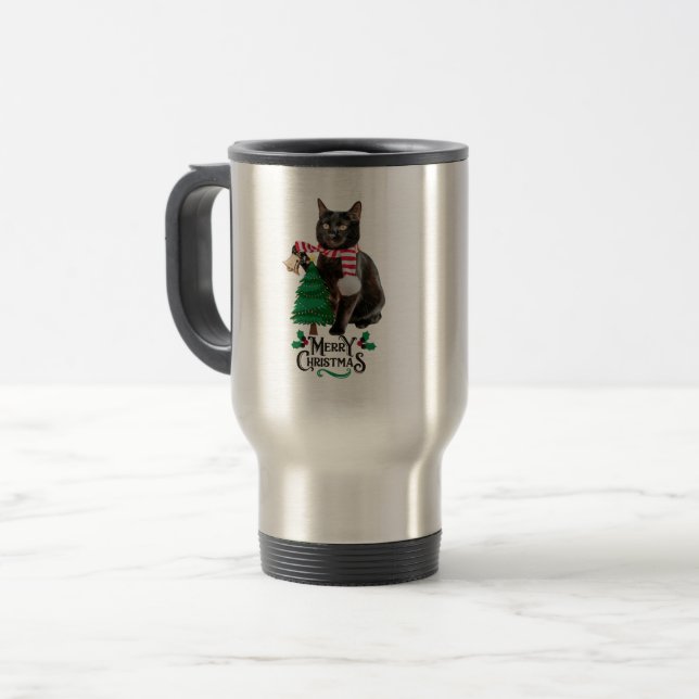 Mug De Voyage Le chat noir joyeux célèbre Noël  (Devant gauche)