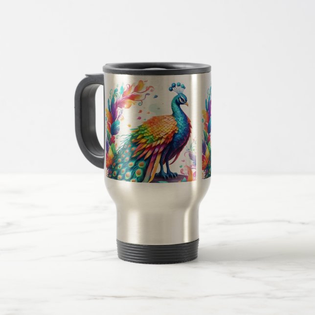 Mug De Voyage Le paon est un oiseau aux couleurs vives, connu (Devant gauche)