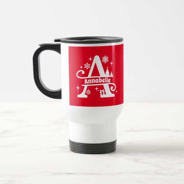 Mug De Voyage Lettre A Noël Monogramme Nom initial Rouge (Gauche)