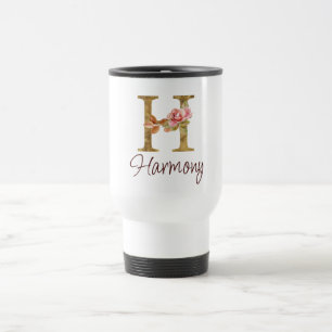 Mug De Voyage Lettre de nom personnalisée H Roses roses blush en