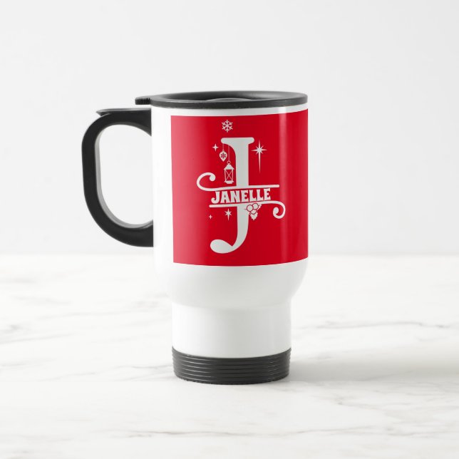 Mug De Voyage Lettre J Noël Monogramme Nom initial Rouge (Gauche)