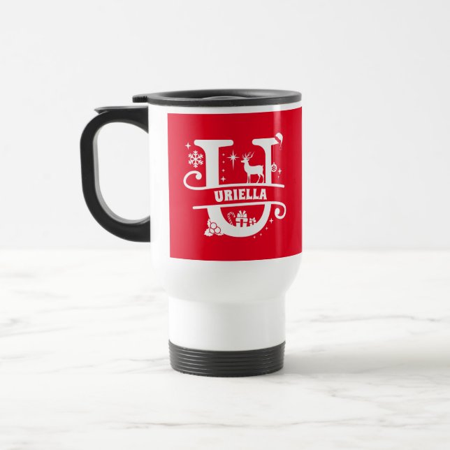 Mug De Voyage Lettre U Noël Monogramme Nom initial Rouge (Gauche)