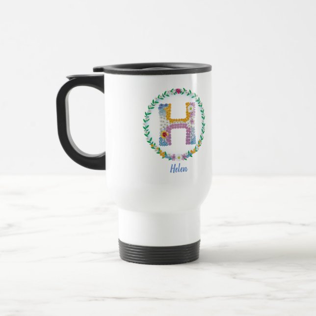 Mug De Voyage Lettres de fleurs "H" initiales avec nom personnal (Gauche)
