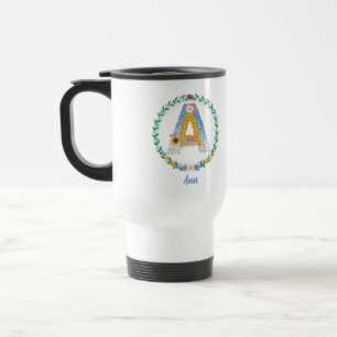 Mug De Voyage Lettres de fleurs Initiale "A" avec nom personnali