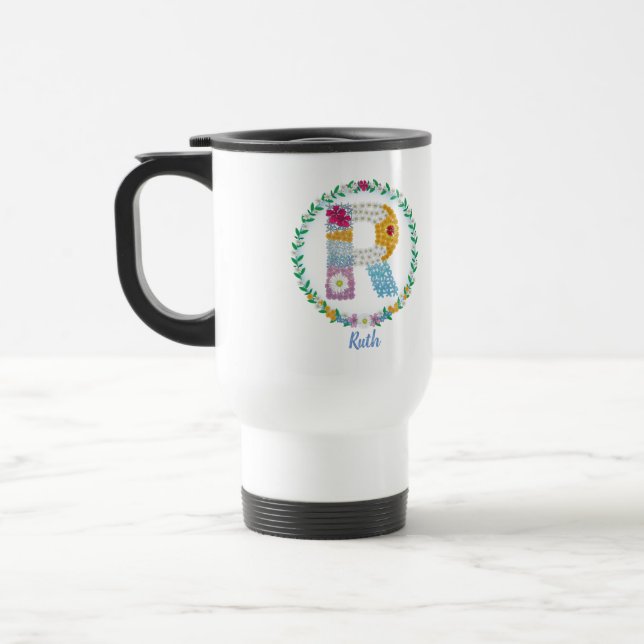 Mug De Voyage Lettres de fleurs "R" initiales avec nom personnal (Gauche)