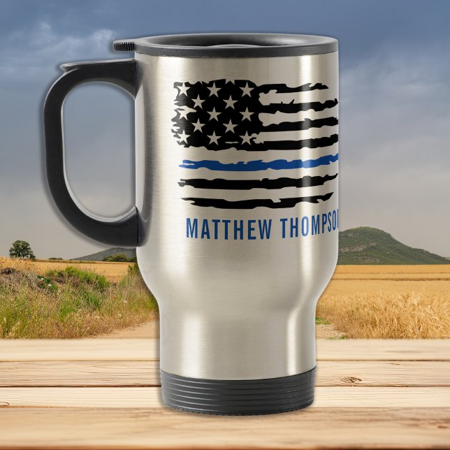 Mug De Voyage Ligne Bleue Mince - Drapeau Américain USA - Police (Créateur téléchargé)