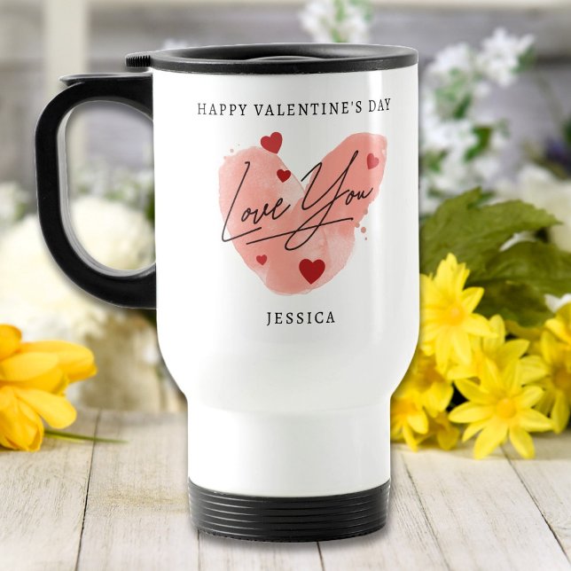 Mug De Voyage Love You Custom Text Name Aquarelle Coeurs rouges (Créateur téléchargé)