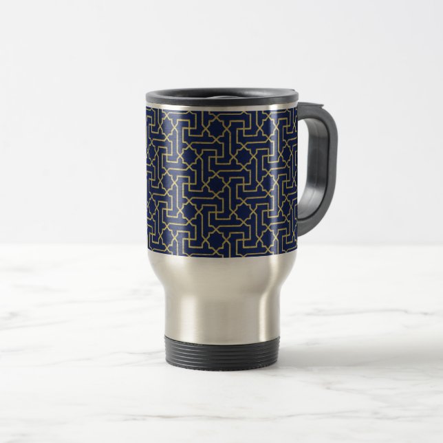 Mug De Voyage Marine Blue & Faux Gold Motif de mosaïque marocain (Devant droit)