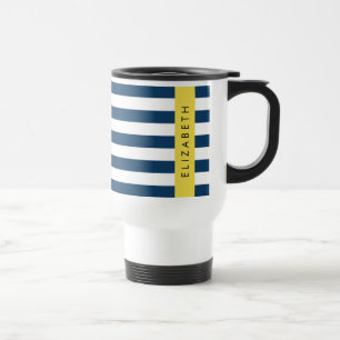 Mug De Voyage Marine Blue Stripes, Motif rayé, Votre nom