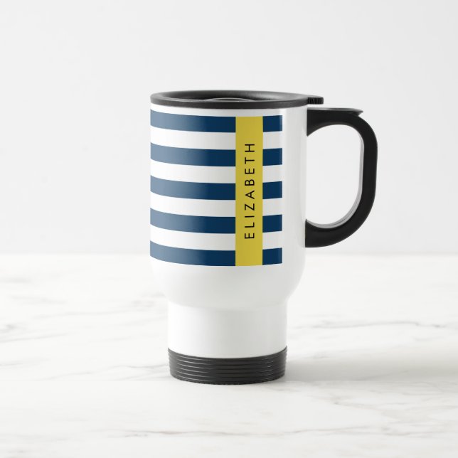 Mug De Voyage Marine Blue Stripes, Motif rayé, Votre nom (Droite)
