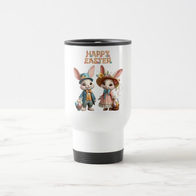 Mug De Voyage Mignonne, Whimsical Joyeuse Pâques avec 2 lapins (Centre)