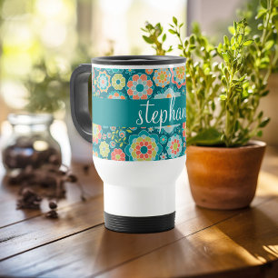 Mug De Voyage Modèle Floral d'été coloré Nom personnalisé