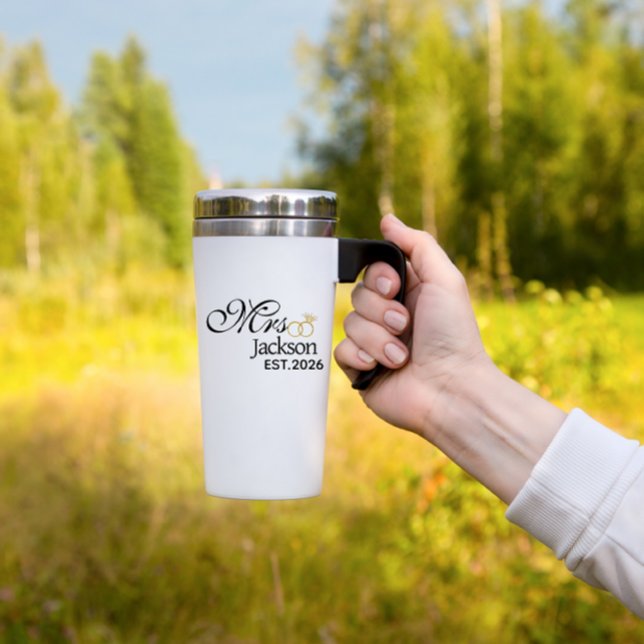 Mug De Voyage Modern Bride Name Wedding Ring Date Black Text (Wedding bride name travel mug)