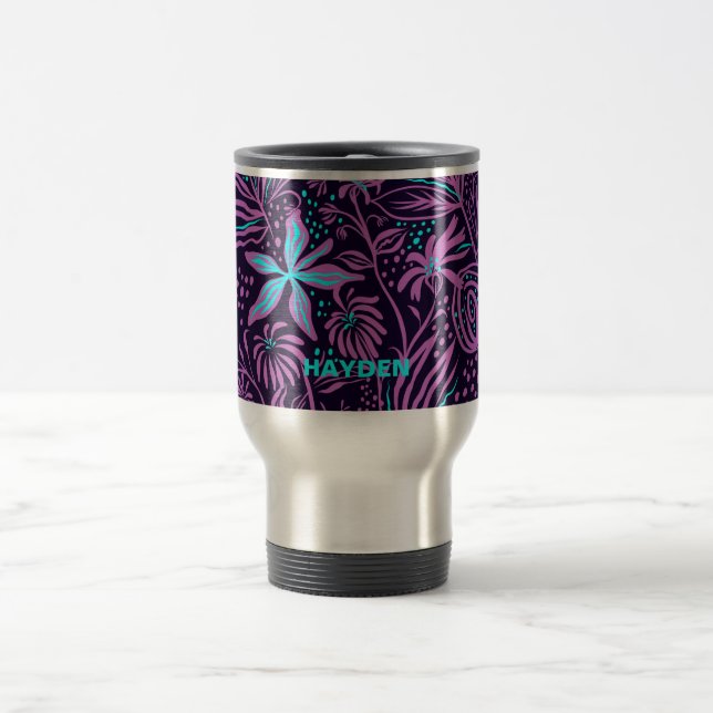 Mug De Voyage Modern Dark Purple Floral Pattern Personalised (Centre)