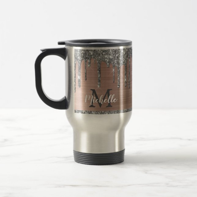 Mug De Voyage Moderne Monogramme gouttes de paillettes argentées (Gauche)