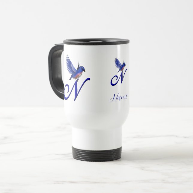 Mug De Voyage Monogramme Bluebird Initiale N Élégant Personnalis (Devant gauche)