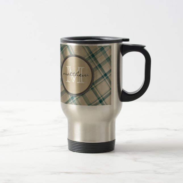 Mug De Voyage Monogramme crème vert d'arrière - plan de plaid (Droit)
