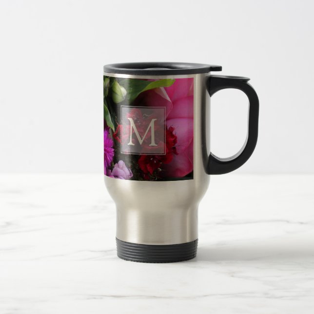 Mug De Voyage Monogramme de fleurs roses et violettes (Droit)