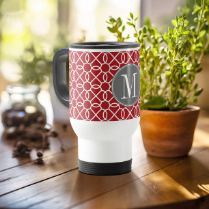 Mug De Voyage Monogramme de Motif géométrique rouge et gris