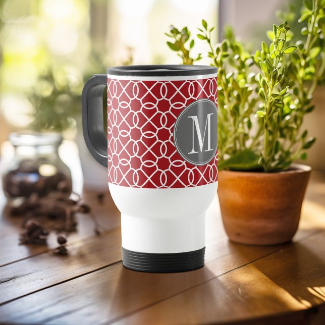 Mug De Voyage Monogramme de Motif géométrique rouge et gris (Personalized travel mug - add photos and text or customize completely)