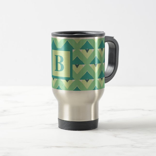 Mug De Voyage Monogramme de Motif géométrique turquoise et bleu (Devant droit)