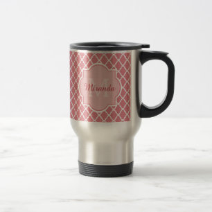 Mug De Voyage Monogramme de Quatrefoil Rose Chic Avec Nom