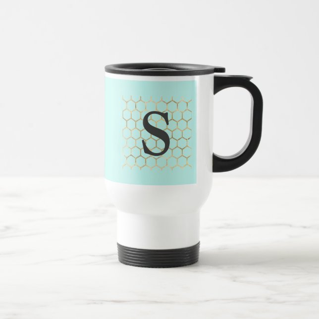 Mug De Voyage Monogramme d'hexagone vert Turquoise (Droite)