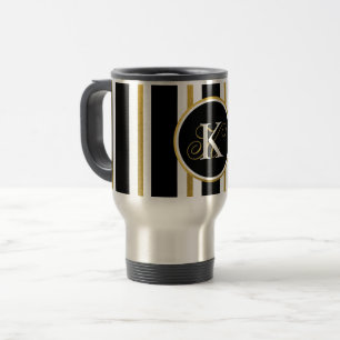Mug De Voyage Monogramme Elégant Noir & Or Personnalisé