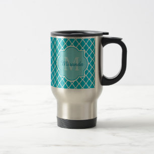 Mug De Voyage Monogramme et nom chics de Quatrefoil de bleu de