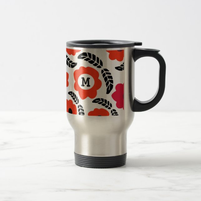 Mug De Voyage Monogramme floral moderne orange et rouge (Droit)